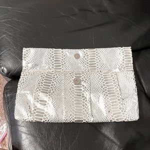 NWT Silver clutch bag soft Vegan shiny snake skin look snap closure 13”x6” NEW